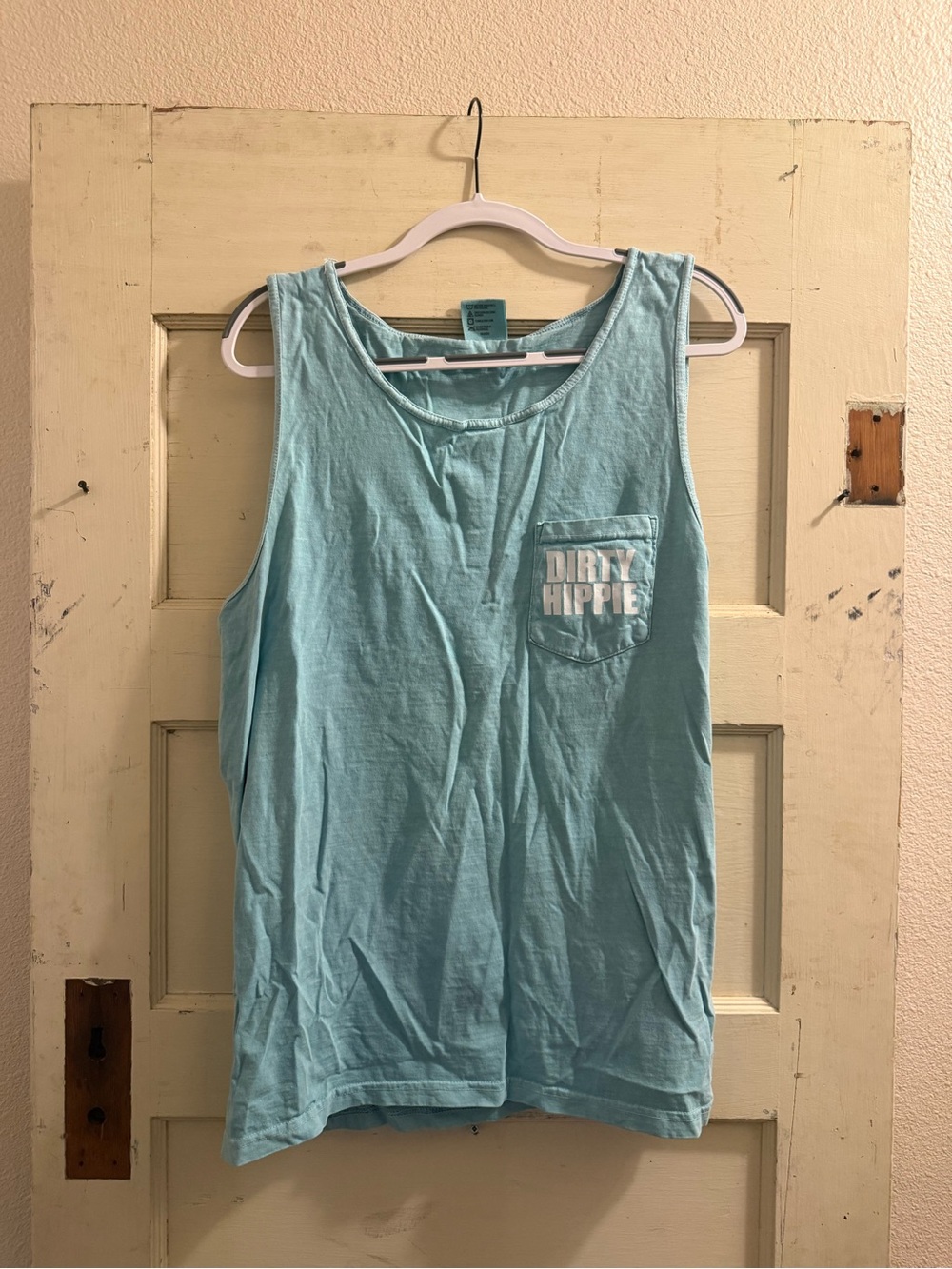 Comfort Colors Dirty Hippie Graphic Pocket Tank Top Aqua Blue Size L
